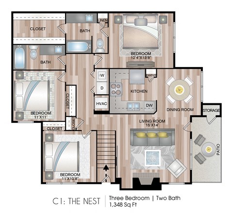 Floor plan for 3 beds, 2 baths, 1348 sqft